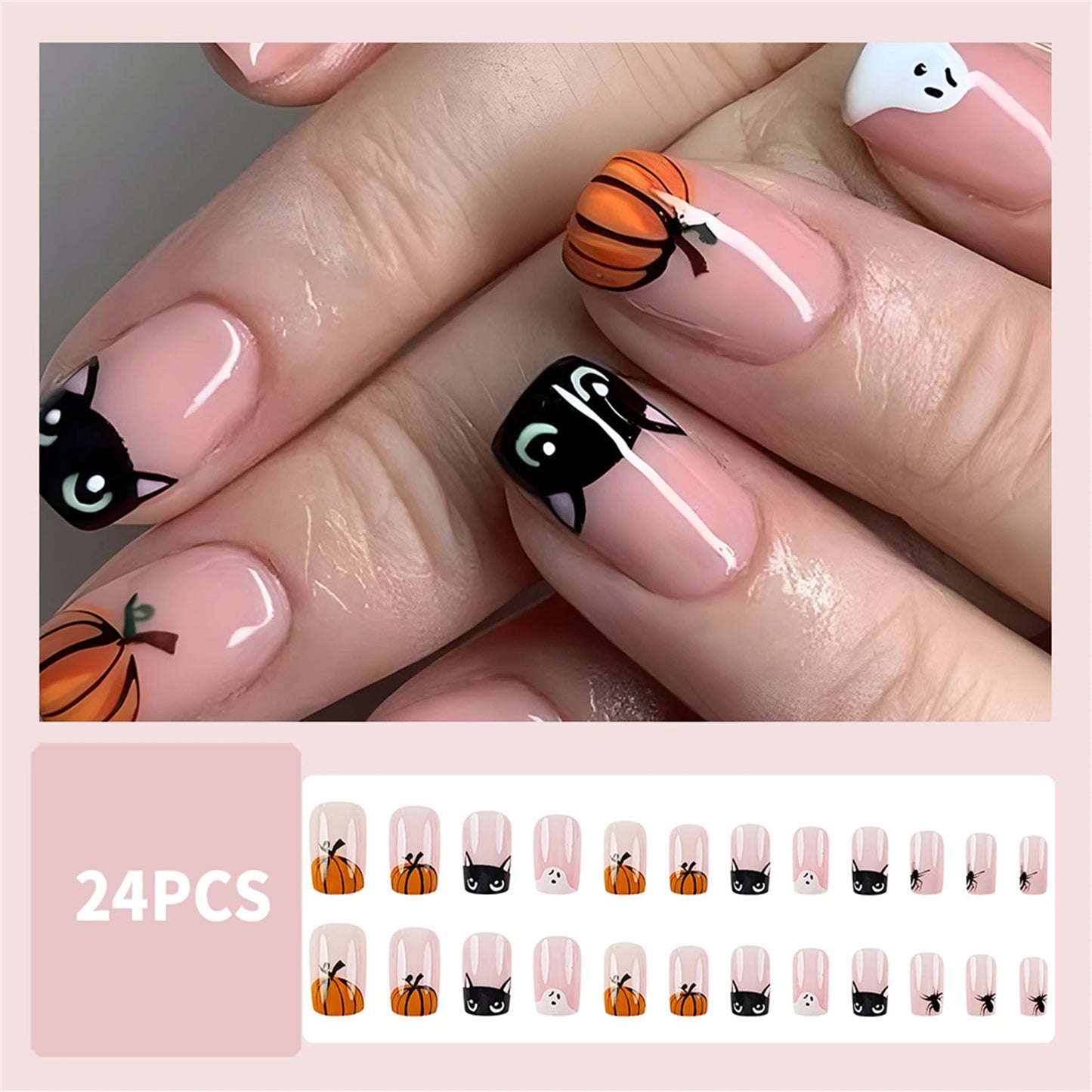 24pcs Halloween Cute Cartoon French Fake Nails Nude Pink Square Press On Nails With Pumpkin Ghost Designs Professional Nail Art Good Vibrations