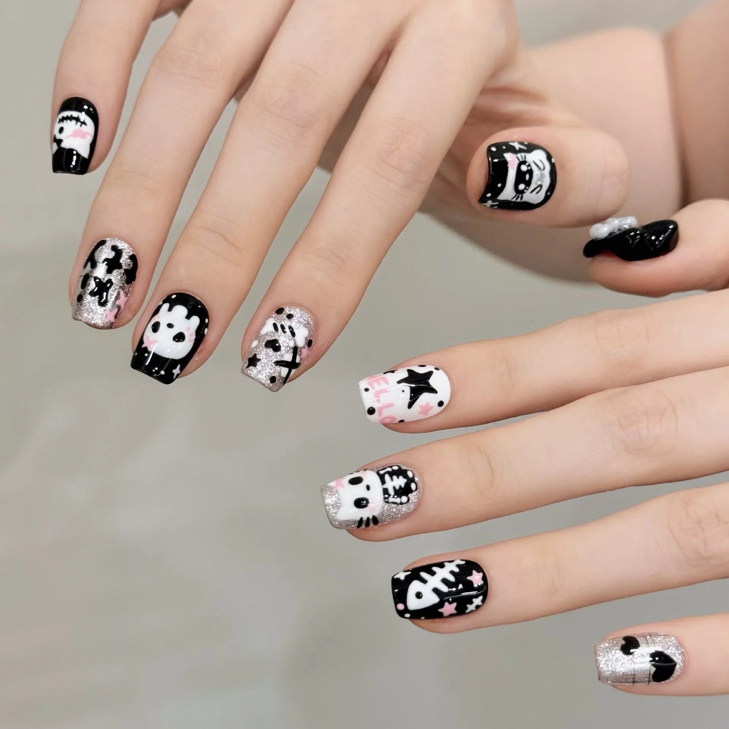 10pcs Sweet Cool Halloween Press On Nails Cute Little Cat Ghost Pattern Handmade False Nails Dark Black Personality Fake Nail Good Vibrations