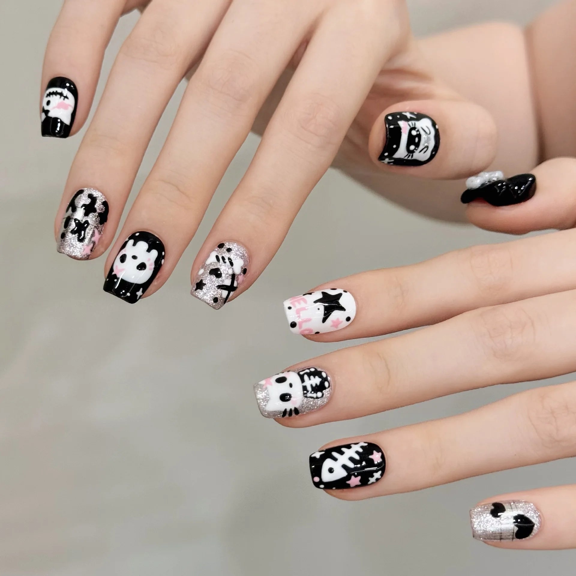 10pcs Sweet Cool Halloween Press On Nails Cute Little Cat Ghost Pattern Handmade False Nails Dark Black Personality Fake Nail Good Vibrations