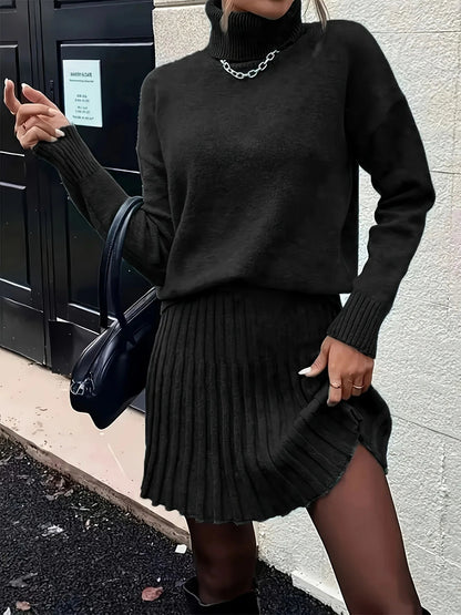 Women's Two-Piece Knit Set: Long-Sleeve Turtleneck Pullover and High-Waisted Pleated Mini Skirt – Elegant Autumn/Winter Outfit Good Vibrations