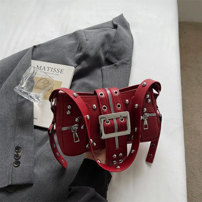 Shoulder Bag for Women Punk Style Purse PU Leather Rock Fashion Handbags with Rivet Small Trendy Armpit Purse Bolso Mujer сумка Good Vibrations