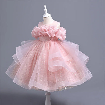New Girl's Wedding Evening Dress Petal Sequin Mesh Sleeveless Dress Birthday Party School Graduation Party Dress Good Vibrations