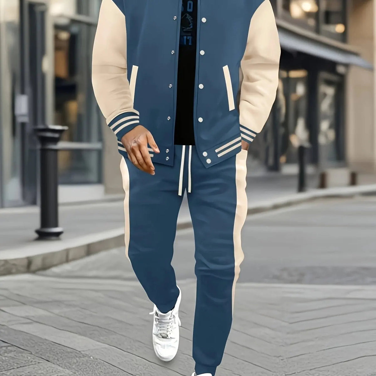 Men's Casual Baseball Jacket & Pants Color Block Polyester Button-Up with Belt Detail for Spring/Fall 1/2pieces Good Vibrations