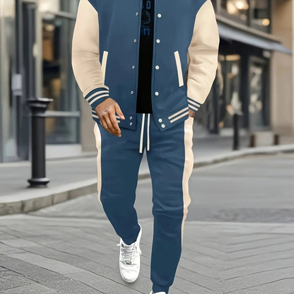 Men's Casual Baseball Jacket & Pants Color Block Polyester Button-Up with Belt Detail for Spring/Fall 1/2pieces Good Vibrations
