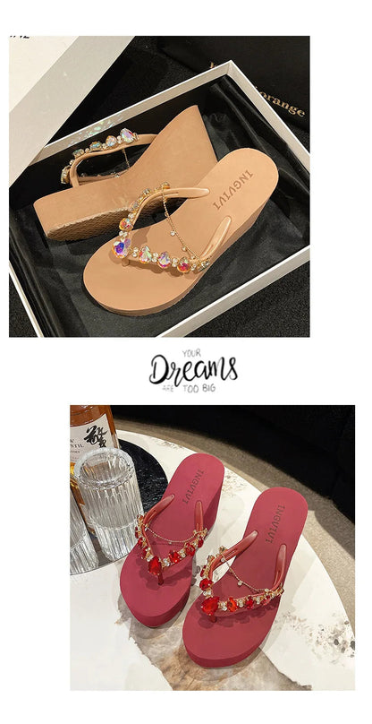 Flip Flops Women New High Heeled Slippers Women Diamond Slope Heel Slippers Elegant Fashion Beach Sandals Womens Sexy Shoes Good Vibrations