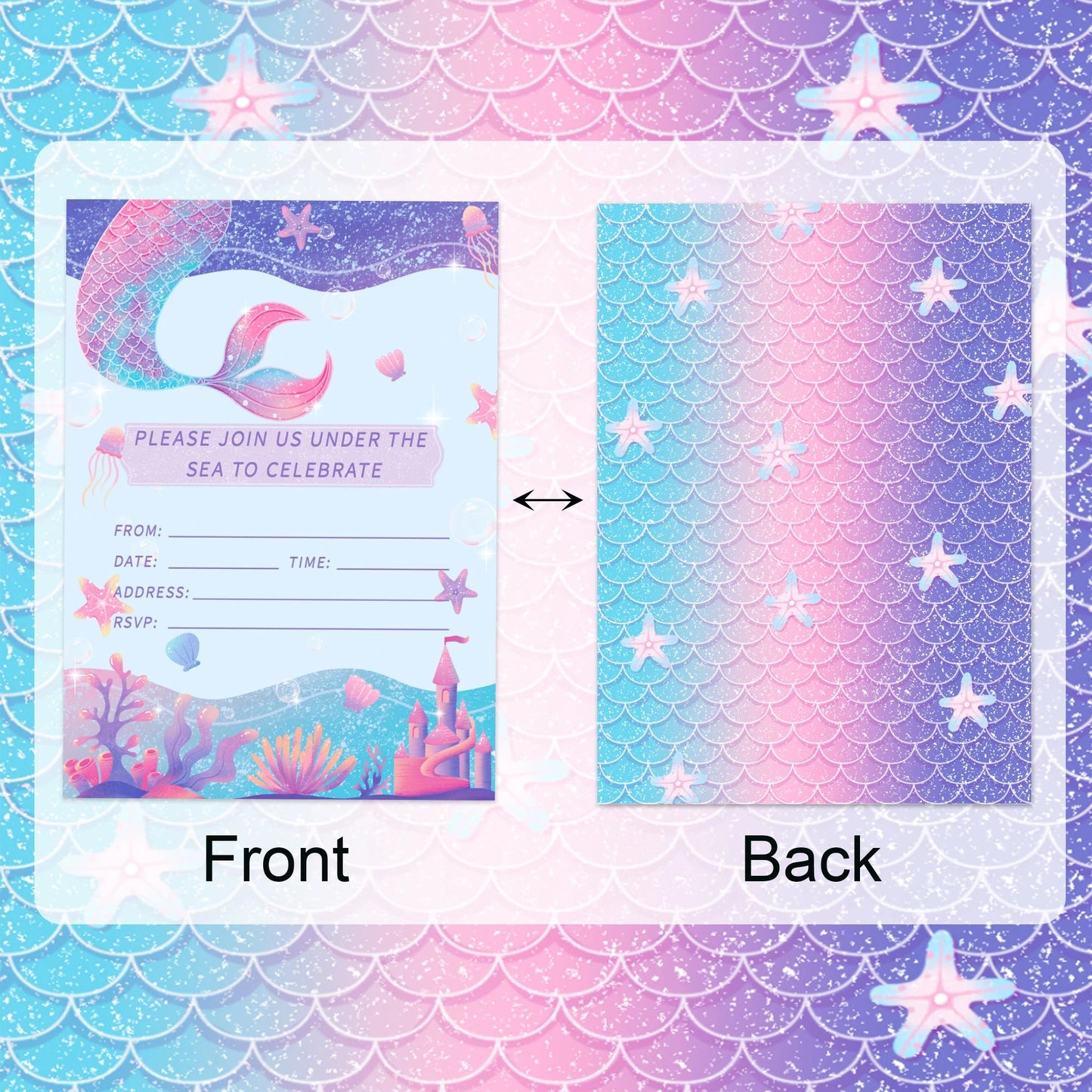 12pcs Cartoon Mermaid Shell Invitation Cards Purple Envelopes Star Stickers Girls Baby Shower Birthday Party Wedding Supplies Good Vibrations