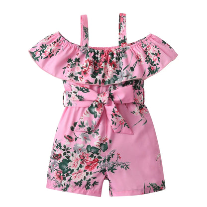 Children Clothing for Girls 1 2 3 4 5Y Kids Girls' Summer New Resort Style Floral Print Ruffled Camisole Jumpsuit with Lace-ups Good Vibrations