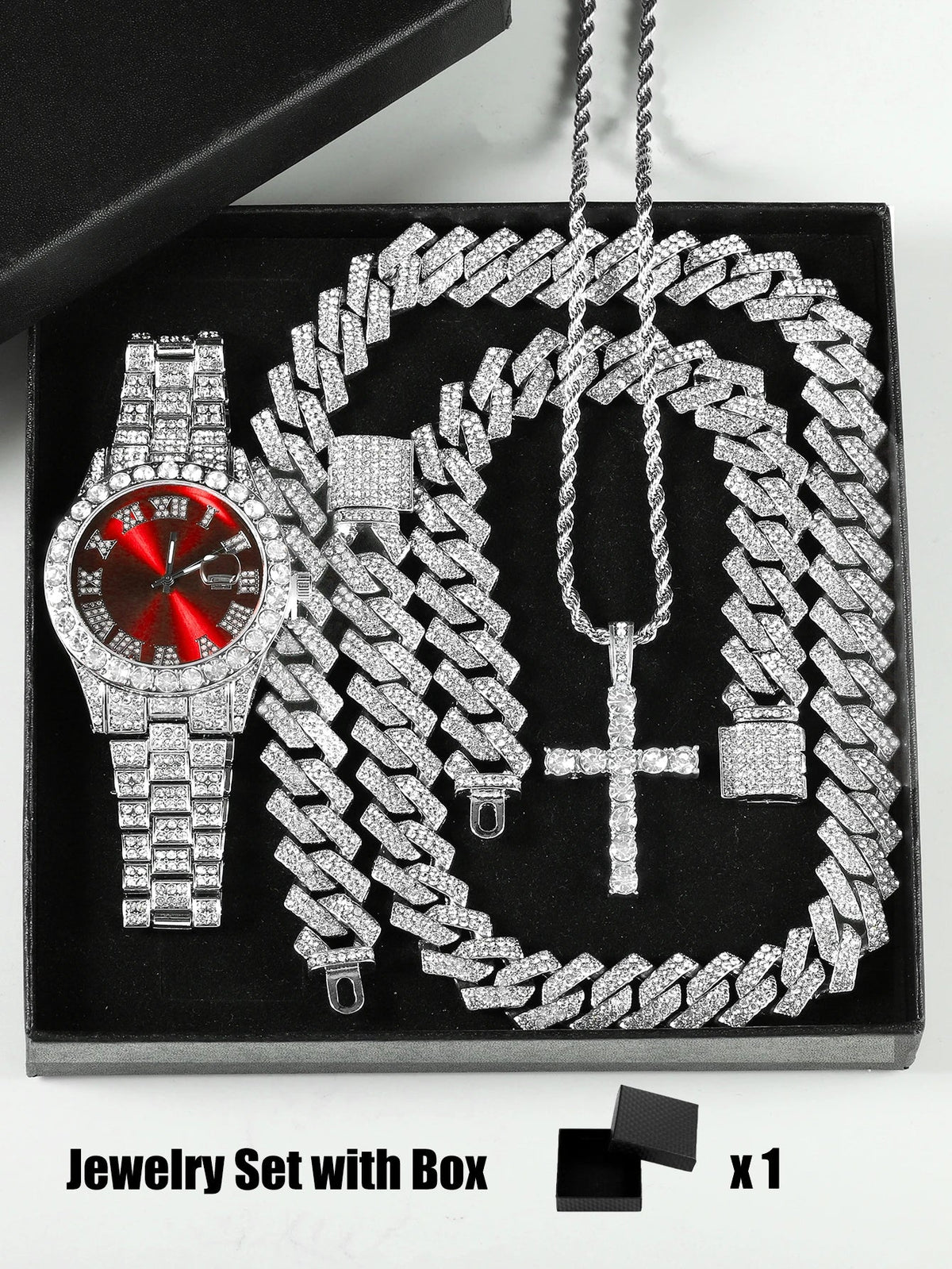 Quartz Watch Set Gift Box Cuban Necklace Bracelet Cross Classic Full Diamond Watch Shining Luxury Gift giving Festival Chain Hip Good Vibrations