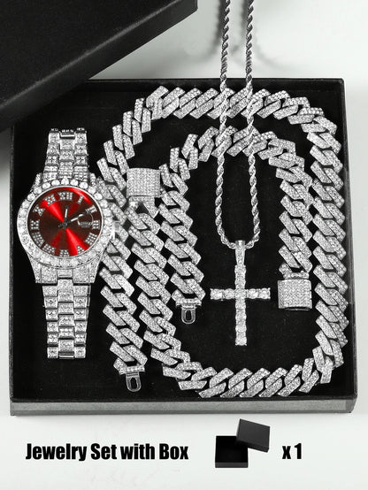 Quartz Watch Set Gift Box Cuban Necklace Bracelet Cross Classic Full Diamond Watch Shining Luxury Gift giving Festival Chain Hip Good Vibrations