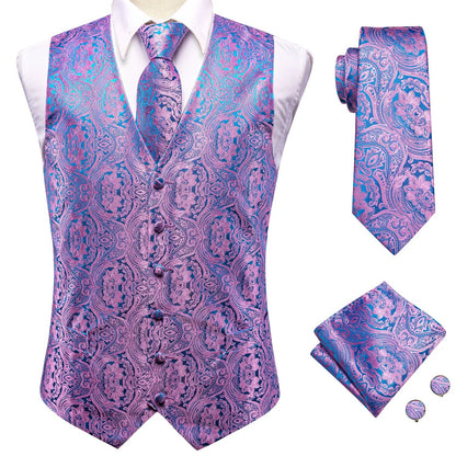 Hi-Tie Black Men Silk Vest Paisley Jacquard Necktie Hankerchief Cufflinks Sets Male Sleeveless V-Neck Waistcoat Business Formal Good Vibrations