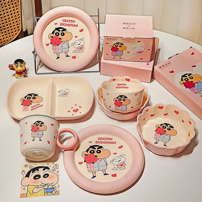 Cartoon Crayon Shin Chan Ceramic Tableware Set Cute Home Dining Bowl Pink Cute Girl Heart Round Bowl Water Cup Plate Gift Good Vibrations