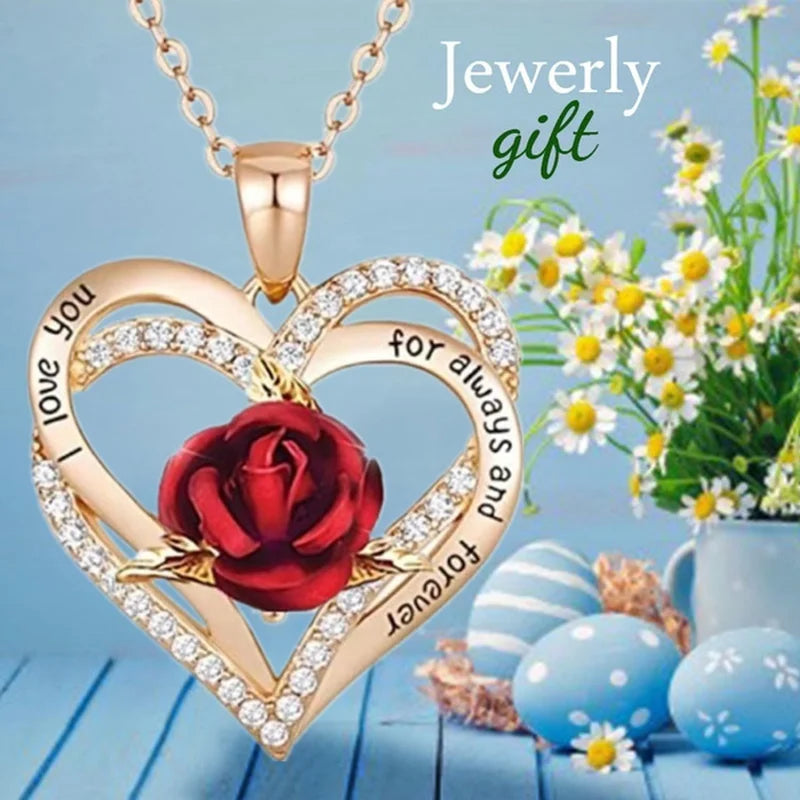 Fashion Women Heart Rose Necklace Cross Heart Bow Pendant Engagement Necklace for Women Flower Jewelry Birthday Anniversary Gift Good Vibrations