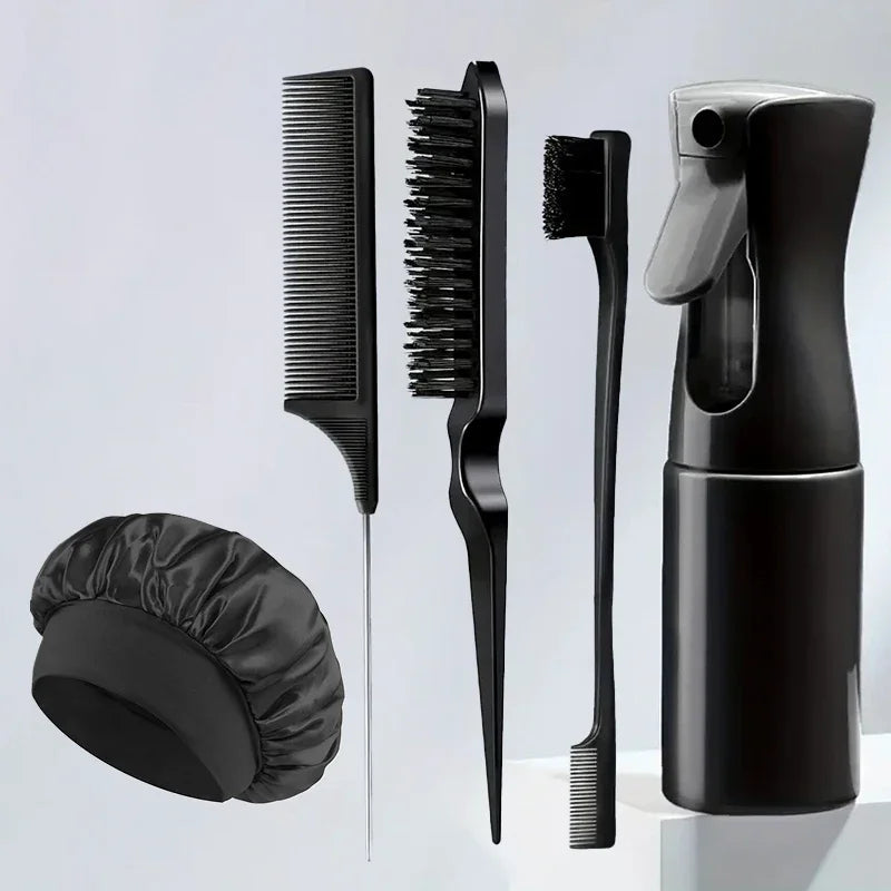 5pcs Hair Styling Set: Includes Hair Spray Bottle, Sleeping Rat Tail Comb, Sectioning Comb, and Edge Brush  Hair Cap Salon Good Vibrations