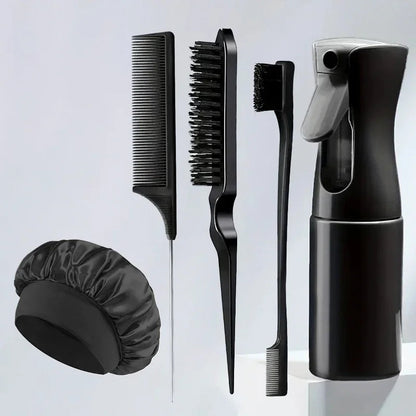 5pcs Hair Styling Set: Includes Hair Spray Bottle, Sleeping Rat Tail Comb, Sectioning Comb, and Edge Brush  Hair Cap Salon Good Vibrations