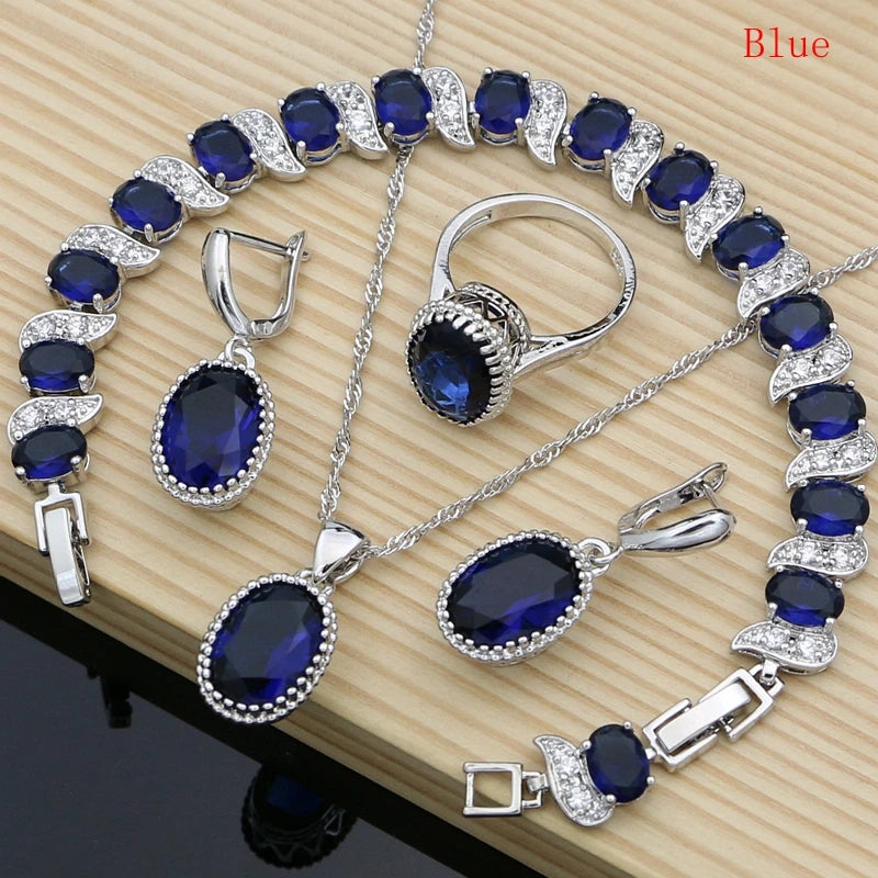 LMFAELECA 925 Silver Women Jewelry Sets Blue Sapphire Earrings Necklace Ring Bracelets Set Gift for Mom/Wife/Sister/Best Friend Good Vibrations