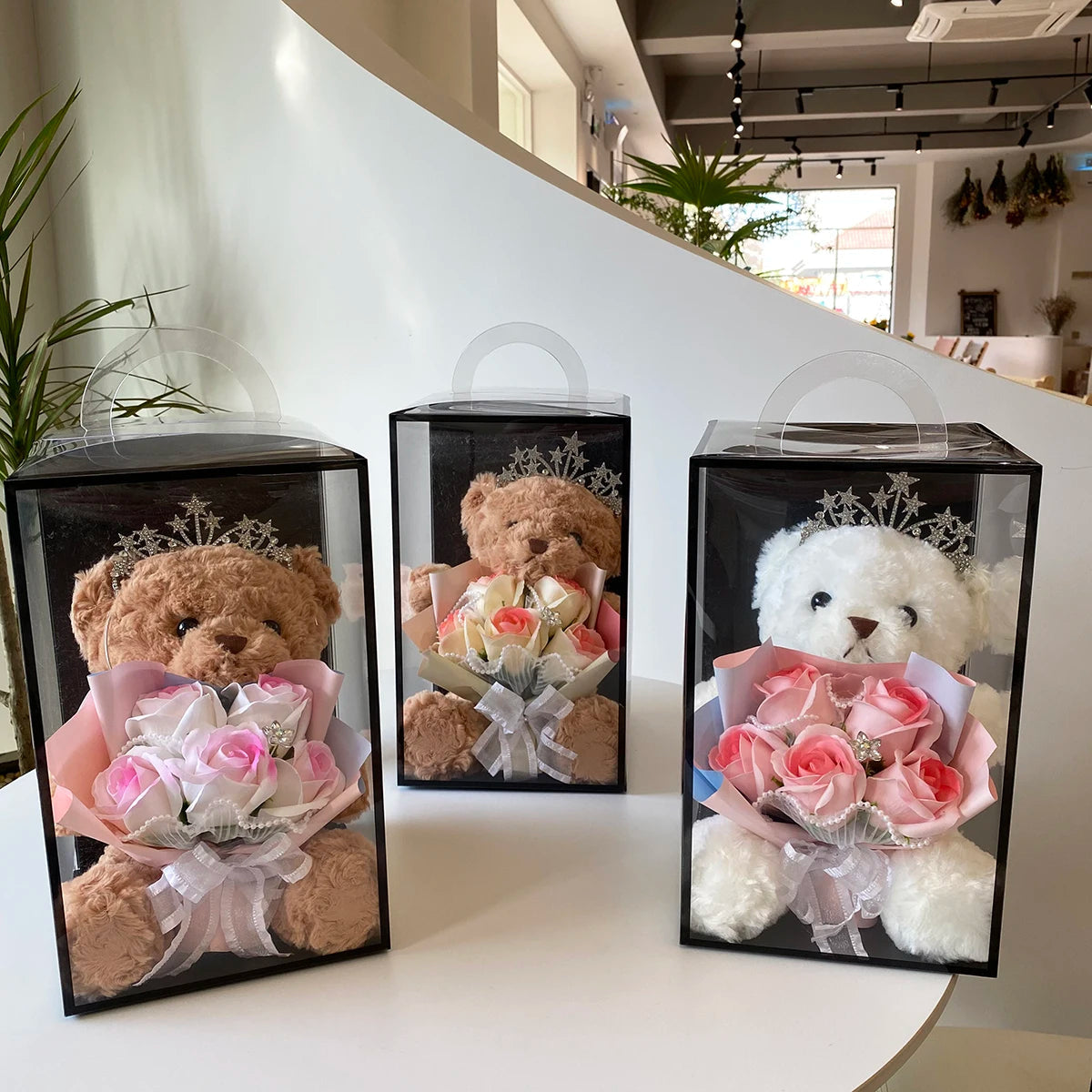 1PC Rose Flower Bouquet Plush Bear Gift Box Eternal Flower Bouquet Mother's Day Gifts Wedding Birthday Party Decor Accessories Good Vibrations