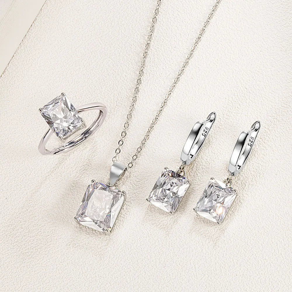 925 Sterling Silver  Elegant Jewelry Sets Ring Earrings Necklace For Women Rectangle Geometry Zircon Wedding Accessories Good Vibrations Adult Super Store