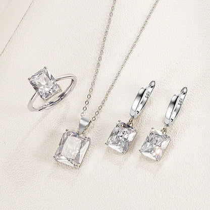 925 Sterling Silver  Elegant Jewelry Sets Ring Earrings Necklace For Women Rectangle Geometry Zircon Wedding Accessories Good Vibrations Adult Super Store
