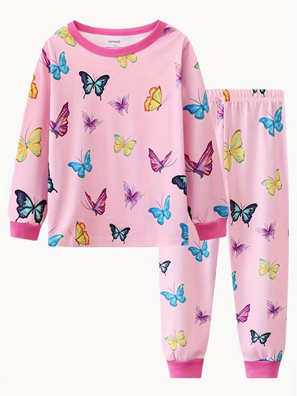 2pcs Girls Casual Cartoon Unicorn Print Crew Neck Pink Cotton Pajama Sets Good Vibrations