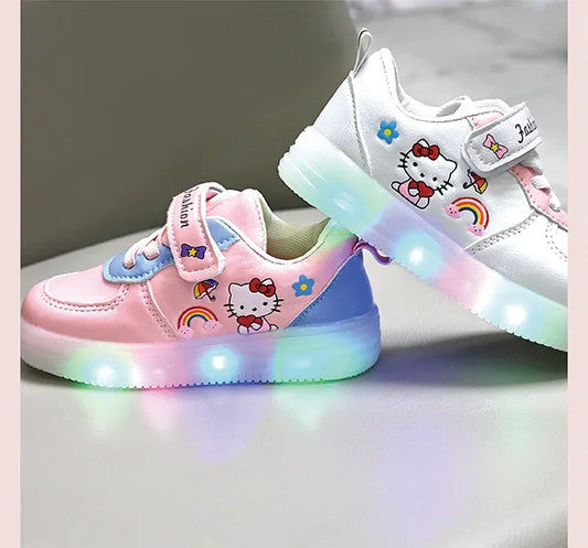 LED Kids Shoes for Girls Cute Cartoon Hello Kitty Shoes Baby Girl Kawaii Canvas Shoes Soft Bottom Sneakers Casual Shoes Good Vibrations