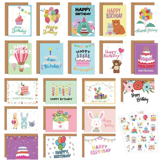 20-Pack Birthday Greeting Cards Set with Envelopes and Stickers,Cartoon Pattern, Multi-Design Paper Cards for Any Recipient Good Vibrations