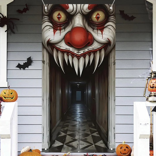 Scary clown face Halloween door cover decoration with bats and pumpkins for haunted house theme