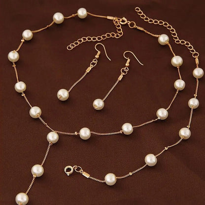 4pcs Gold-color Necklace Earring Bracelet Set Ladies Elegant Imitation-Pearls Collection Temperament Tassel Jewelry Good Vibrations Adult Super Store