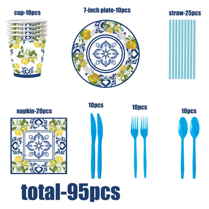 New Blue And White Porcelain Lemon Birthday party Elegant Disposable Tableware Disposable Plates Cups Wedding Adult evjf Party Good Vibrations