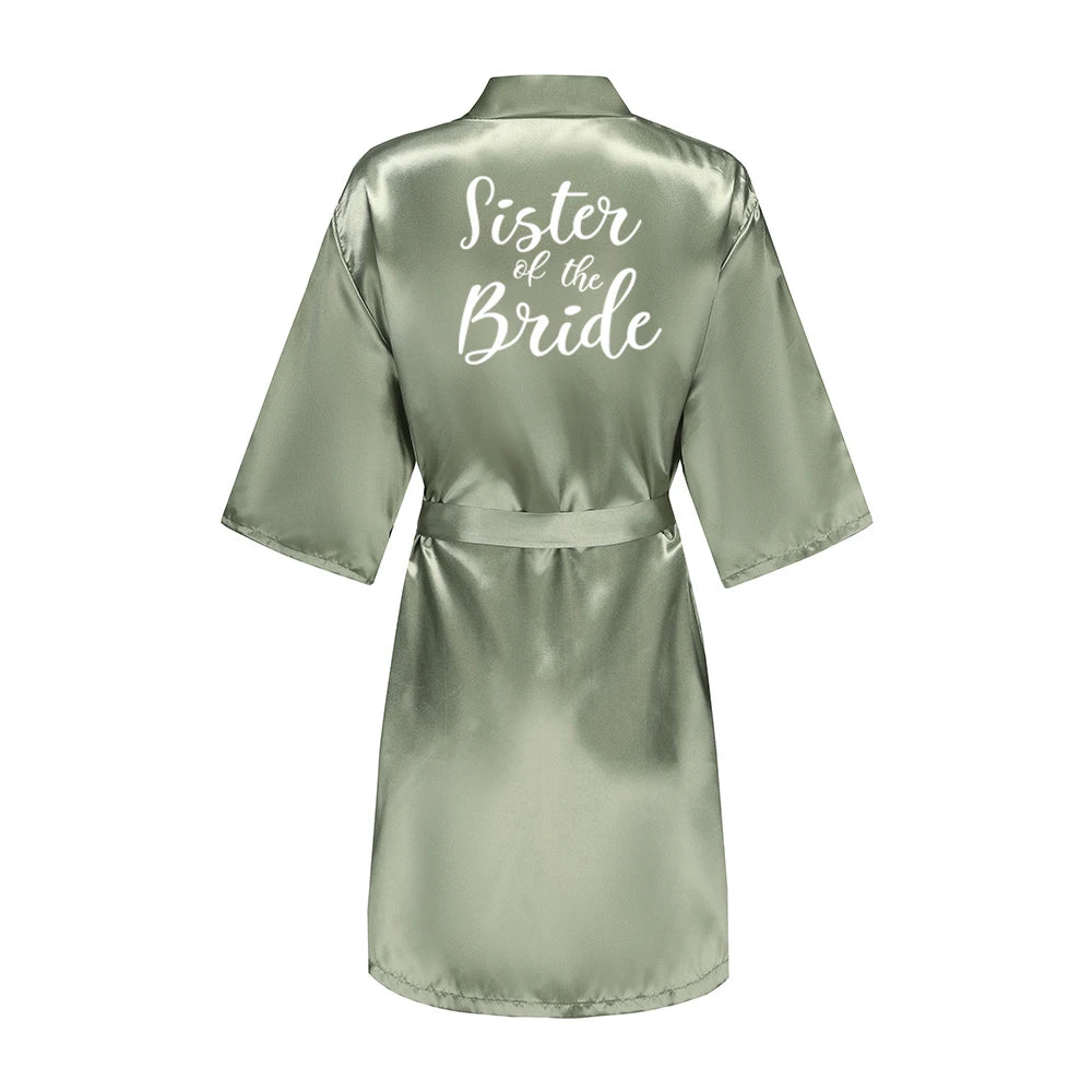 Grass Green Women's White Letter Bride Bridesmaid Short Satin Robes for Wedding Party Getting Ready Good Vibrations