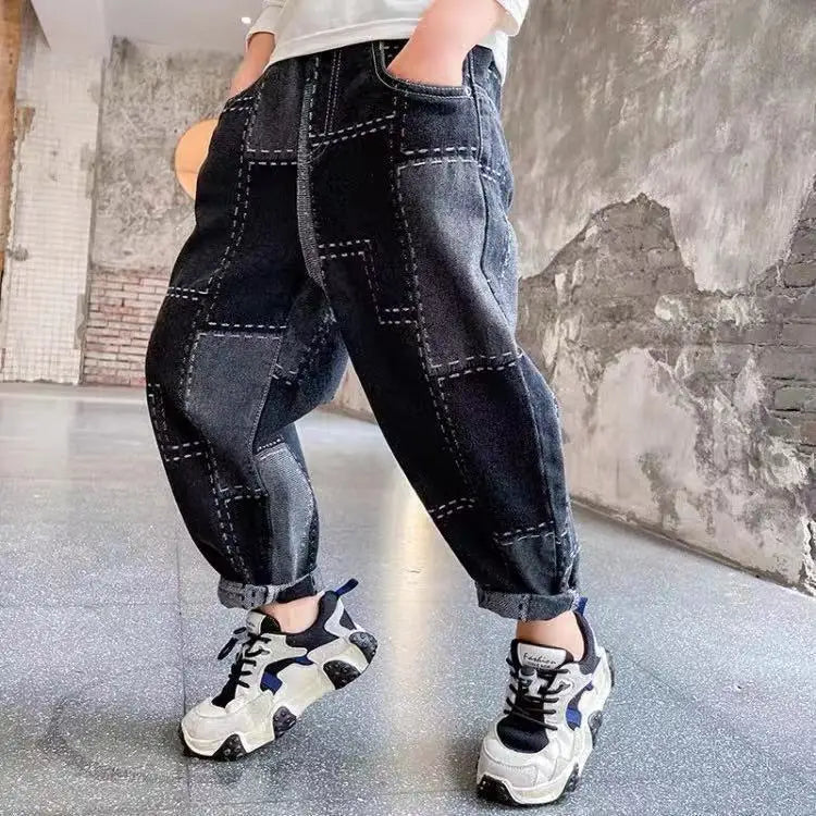 Boys Jeans Fashion Hole New Children Straight Cylinder Casual Jeans Spring Autumn Korean Style Elastic Waist Kids 3-8Ys Trousers Good Vibrations