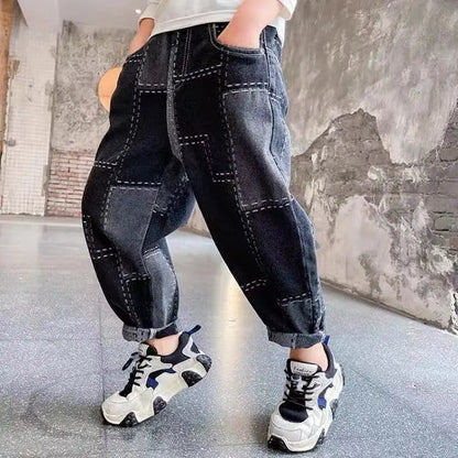 Boys Jeans Fashion Hole New Children Straight Cylinder Casual Jeans Spring Autumn Korean Style Elastic Waist Kids 3-8Ys Trousers Good Vibrations