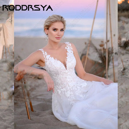 RODDRSYA Customized Boho Sleeveless Wedding Dress Applique V-Neck vestidos de novia Sweep Train Tulle A Line Corset Wedding Gown Good Vibrations