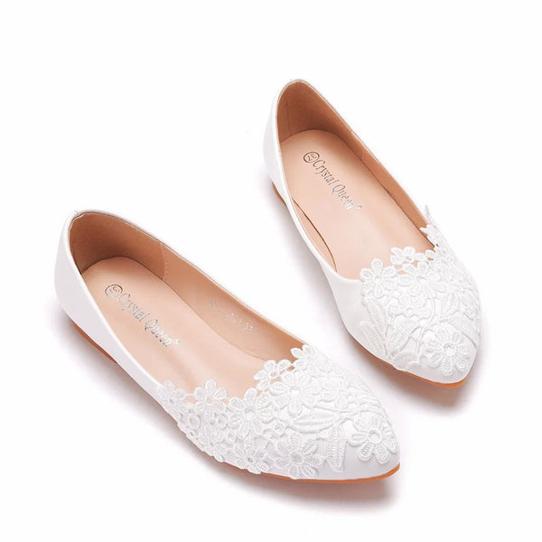 Plus size 35-43 elegant lace wedding dress shoes for women 2025 summer pointed toe flats low heels ladies white loafers Good Vibrations