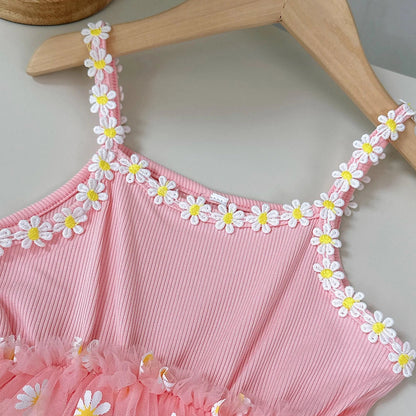 Summer Pink Cute And Cool Halter Dress Small Daisy Flower Mesh Puffy Princess Dress Children's Clothing Good Vibrations