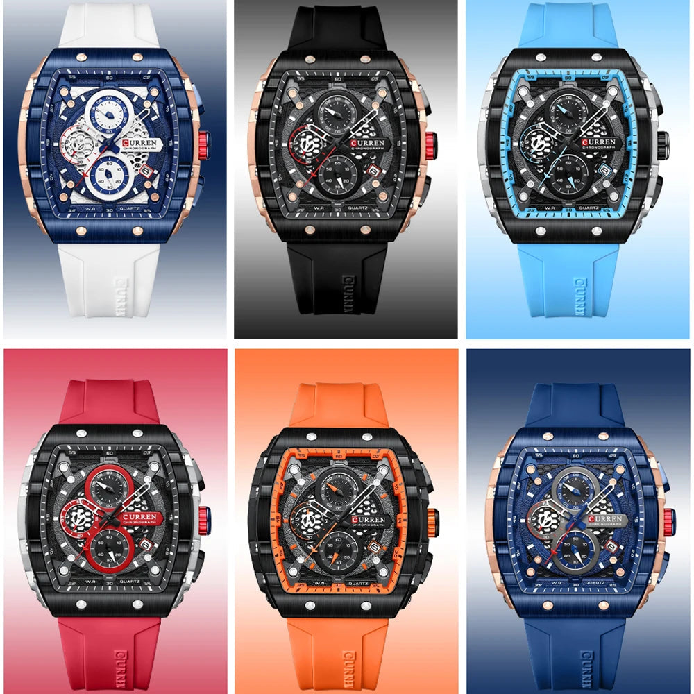 CURREN Sports Unique Rectangular Watches with Large Dial Casual Quartz Silicone Bands Wristwatches with Auto Date Good Vibrations