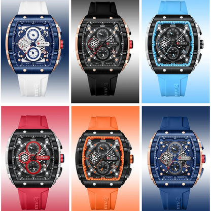 CURREN Sports Unique Rectangular Watches with Large Dial Casual Quartz Silicone Bands Wristwatches with Auto Date Good Vibrations