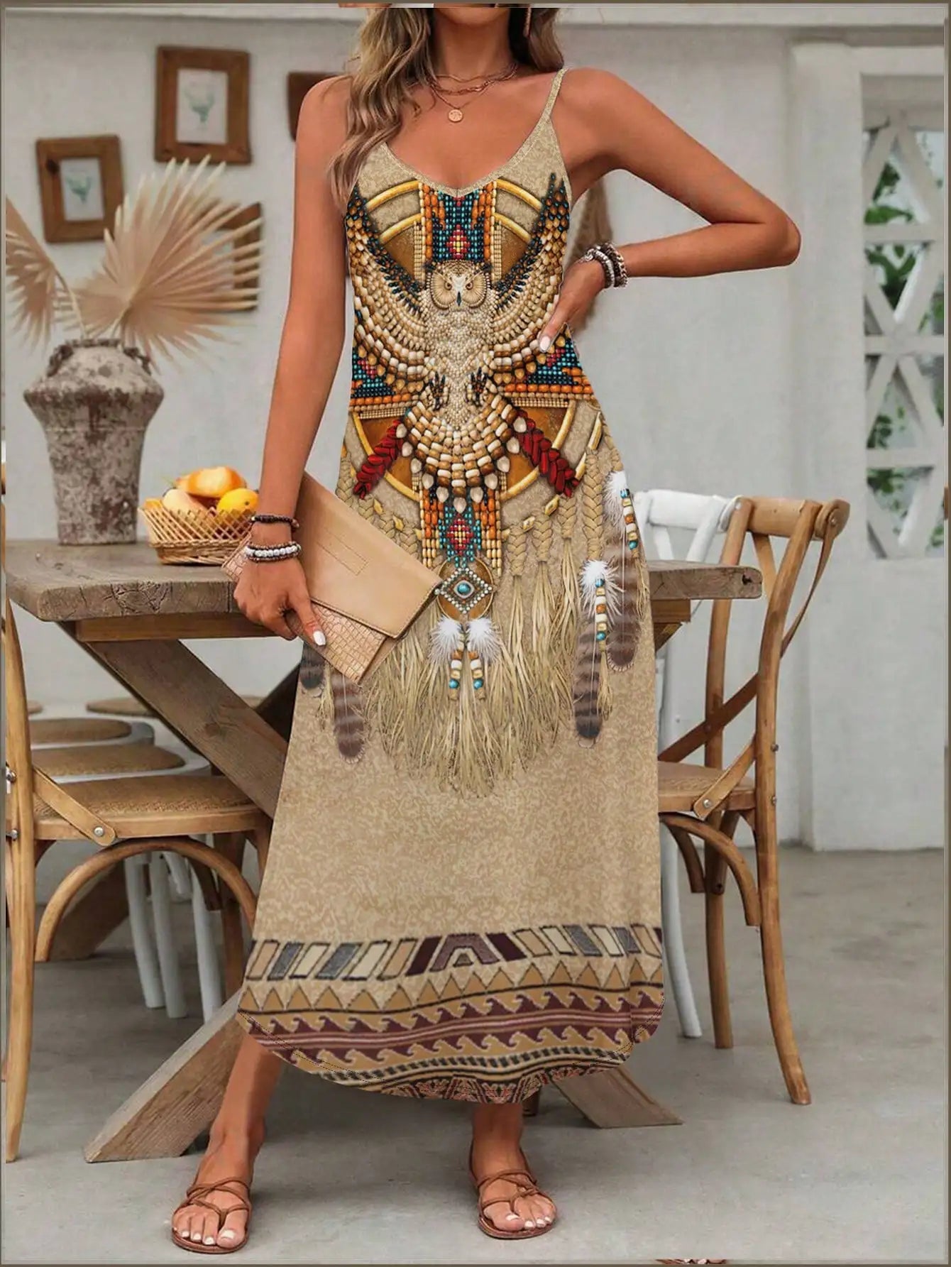 Women's Fashion Western Ethnic Print Casual Suspender Dress Good Vibrations