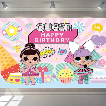 Girl Surprise Theme Backdrop Cute Shiny Doll Birthday Party Decoration Pink Latex Balloon Disposable Tableware Plate Cake Topper Good Vibrations