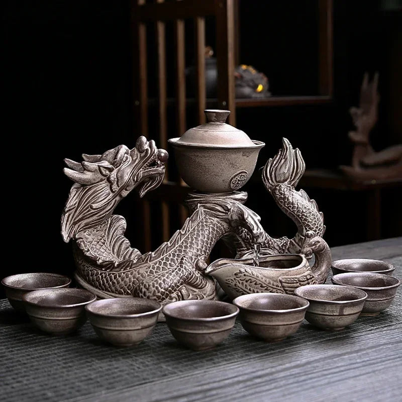 1 set, creative lazy tea set, semi-automatic dragon teapot, magnetic rotating water-conducting tea set, Chinese Kung Fu tea set Good Vibrations