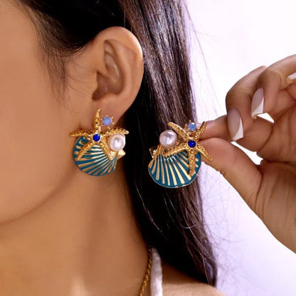 Fashion Asymmetric Ocean Style Earrings Stud  For Women Starfish Shell Earring Ear Ring Imitation Pearl Zircon Jewelry Gift Good Vibrations