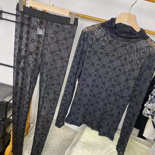 Women Two Piece Set Korean Retro Fashion Long Sleeve Moon Velvet Printed Base Shirt Pants Set Thin Perspective Spicy Girl Sexy Good Vibrations