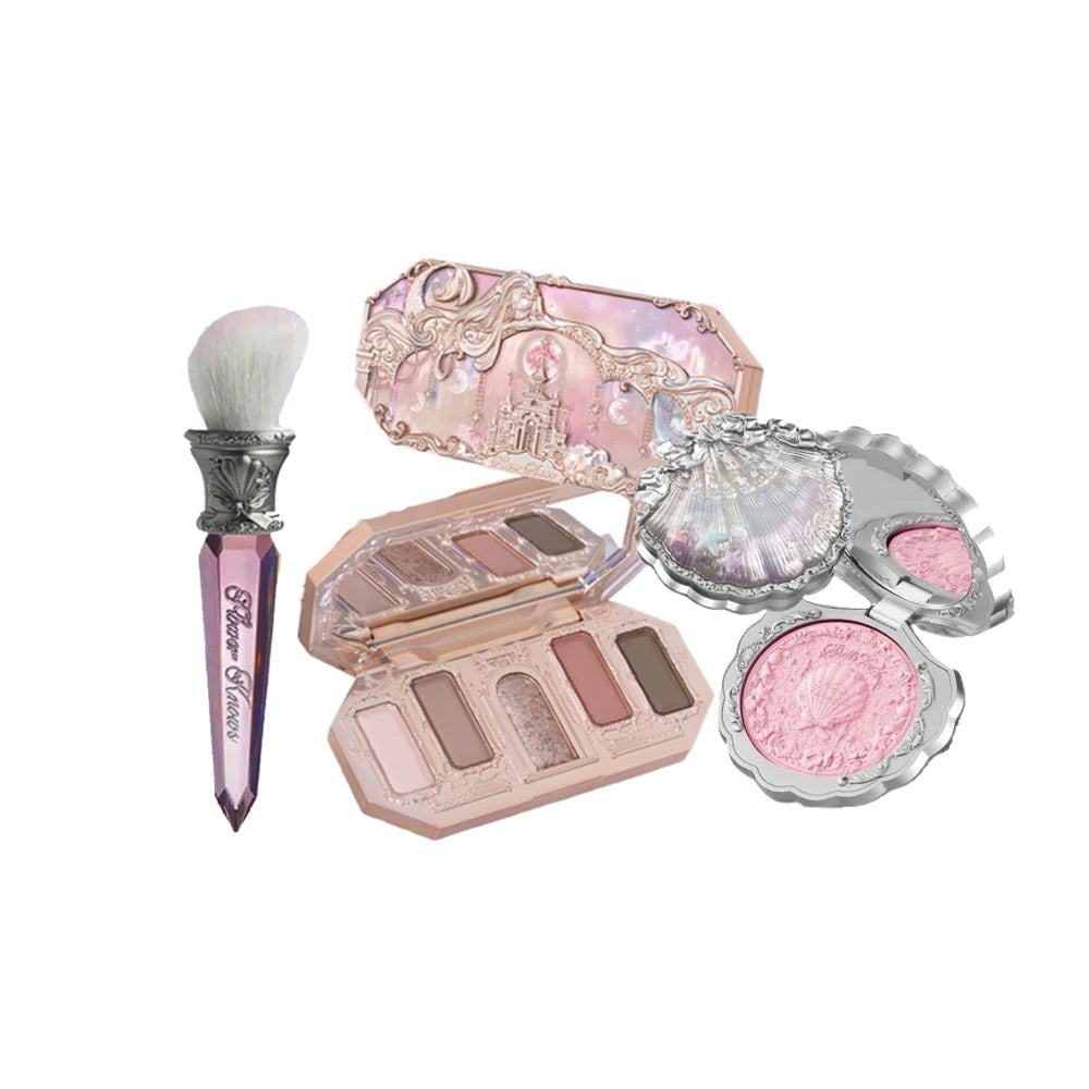 Flower Knows Moonlight Mermaid Series Glitter Eyeshadow Palette High Pigment Shell Jewelry Blush Makeup Brush Set Matte Finish Good Vibrations