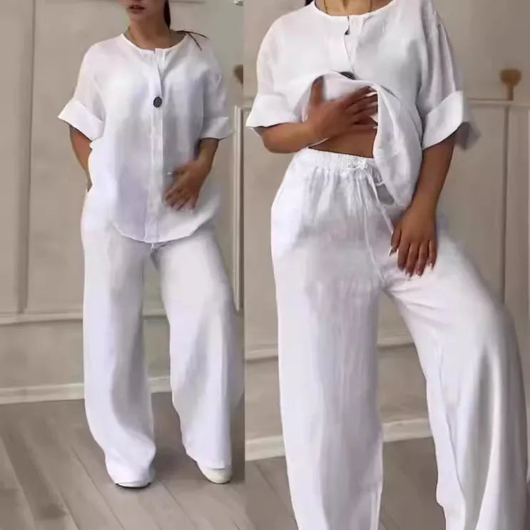 Muslim Sets Women 2 Piece Suit Shirt Wide Leg Pants Outfits 2025 Ensemble Button Lace Up Elastic Waist Blouse Straight Trousers Good Vibrations