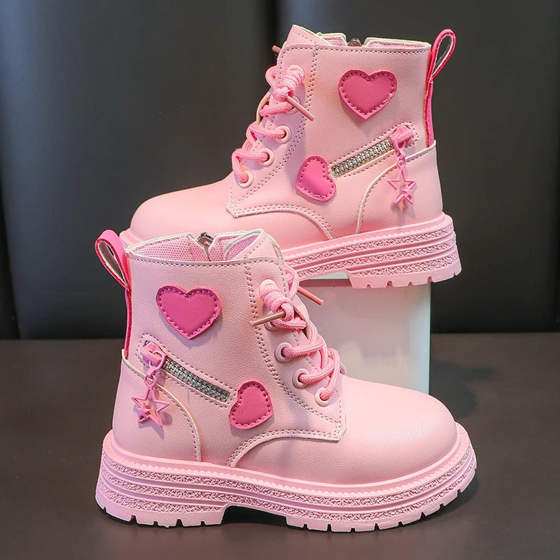 Girls Boots Kids Fashion Rubber Boots Cool Girl Autumn and Winter Cotton Soft Sole Pink with Love Side Zip Princess Round-toe PU Good Vibrations