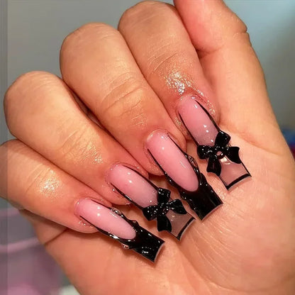 24Pcs Long Coffin French False Nails with Glue Bow Diamond Stick on Press on Acrylic Nails Black Ballerina Nail Art Manicure Tip Good Vibrations
