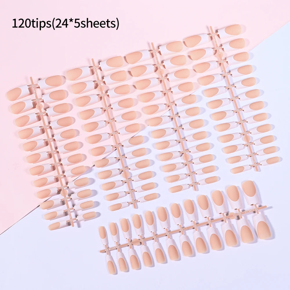 120pcs Pink French Tip Press-On Nails Medium Length Square Shape With Glossy Finish False Nails Full Cover Pre-Shaped Fake Nails Good Vibrations