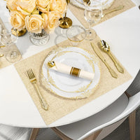 350PCS Gold Plastic Plates for 50 Guests, Disposable Dinnerware Sets Include 100 Gold Rim Plastic Plates, 50 Silverwares Good Vibrations