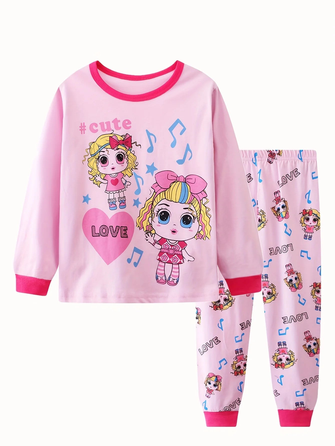 2pcs Girls Casual Cartoon Unicorn Print Crew Neck Pink Cotton Pajama Sets Good Vibrations
