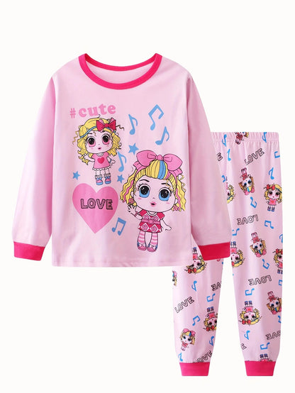 2pcs Girls Casual Cartoon Unicorn Print Crew Neck Pink Cotton Pajama Sets Good Vibrations
