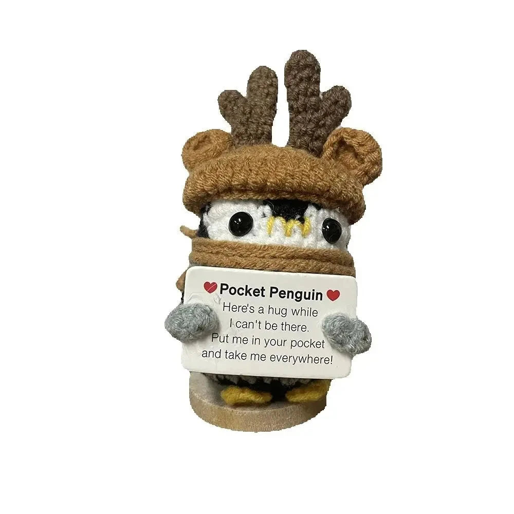 Crochet Energy Penguin Hug Pocket Mini Hand-woven Plush Wool Knitting Doll with Card Funny Christams Gift Home Room Decoration Good Vibrations